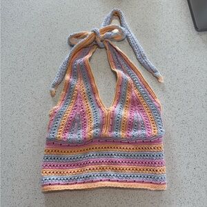 Hollister Pink and Yellow Crochet Halter Top